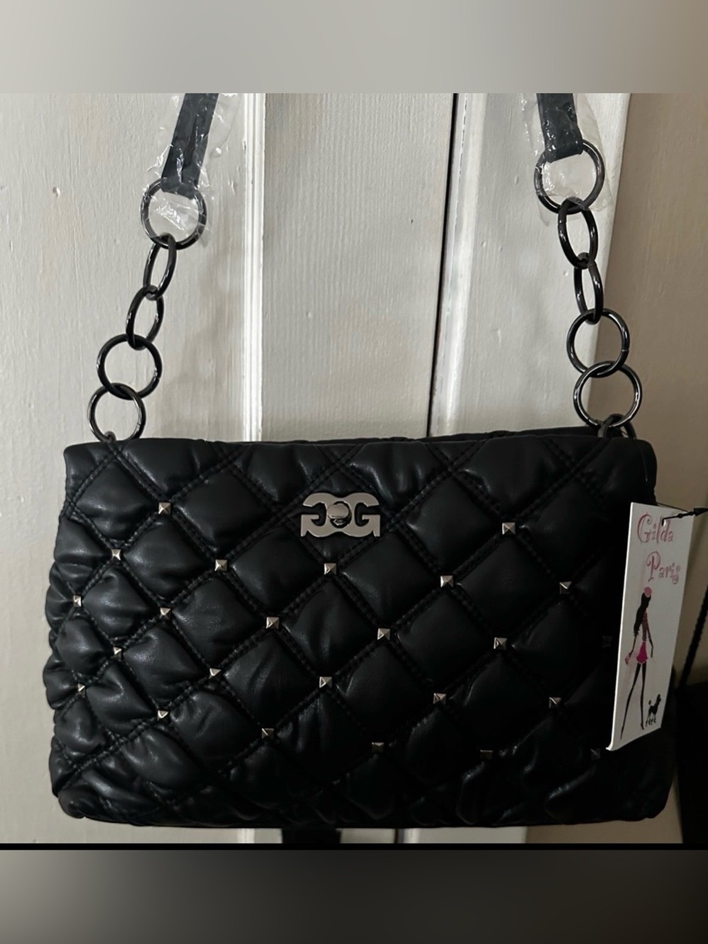 Gilda Paris Black Quilted Shoulder Bag with Chain-Link Strap - Picture 1 of 9